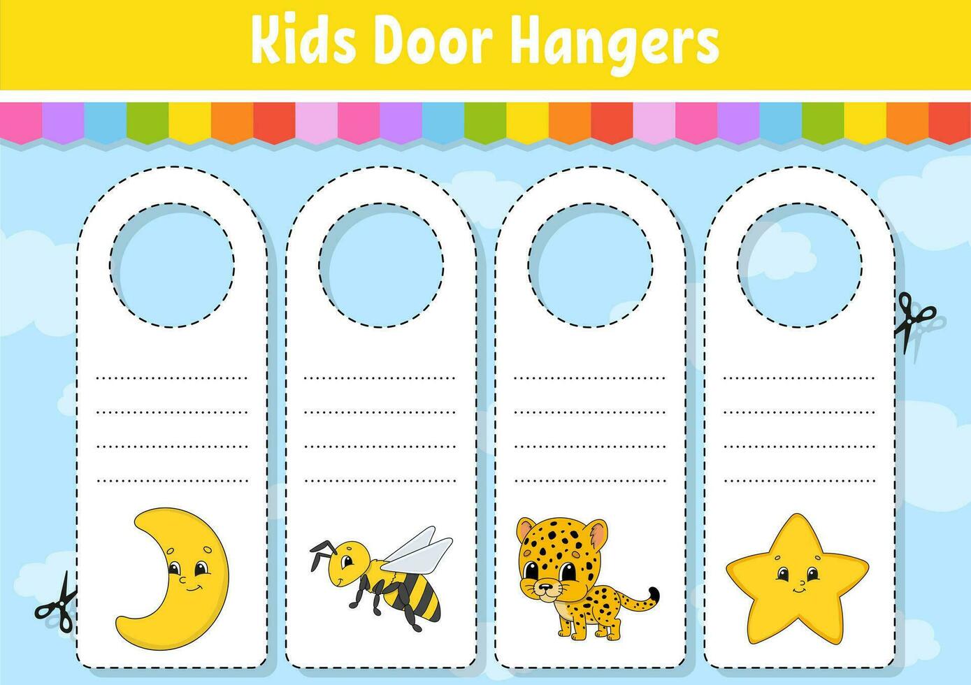 Door hangers. Cute cartoon characters. Sign printable. Kids style. On doorknobs. Tag template. Vector illustration.