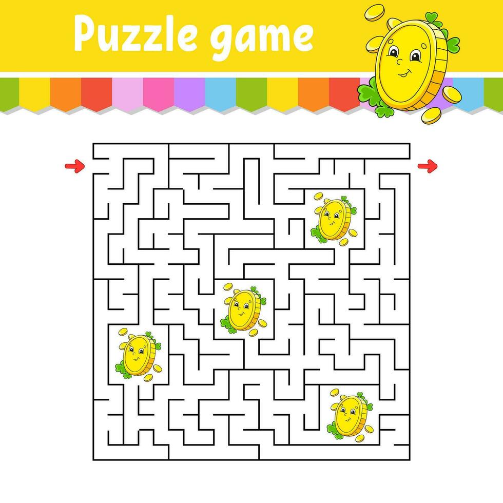 Square maze. Game for kids. Puzzle for children. Labyrinth conundrum. Find the right path. Cartoon character. Vector illustration.