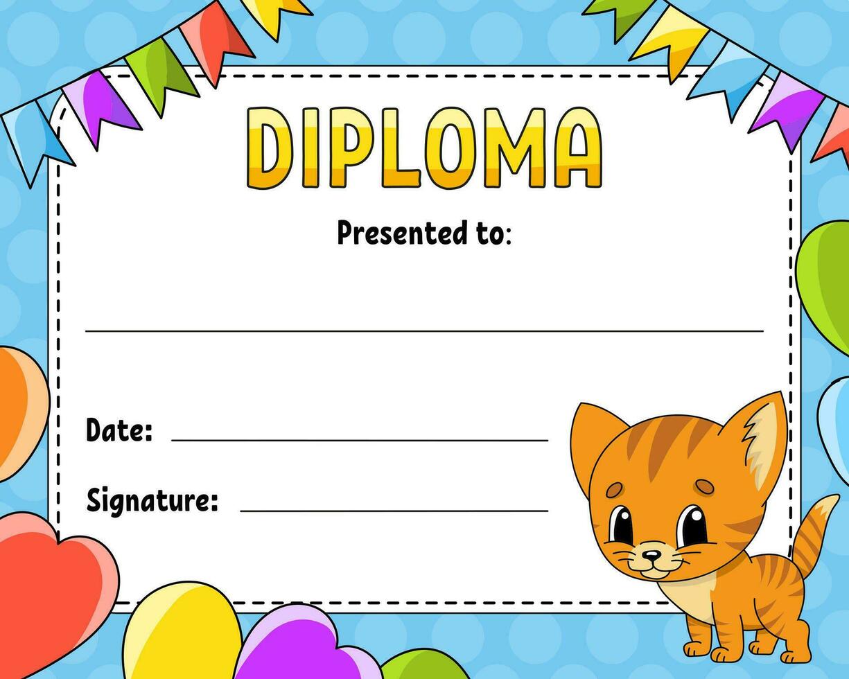 Diploma certificate template. For school and preschool. For kids and children. Vector illustration.