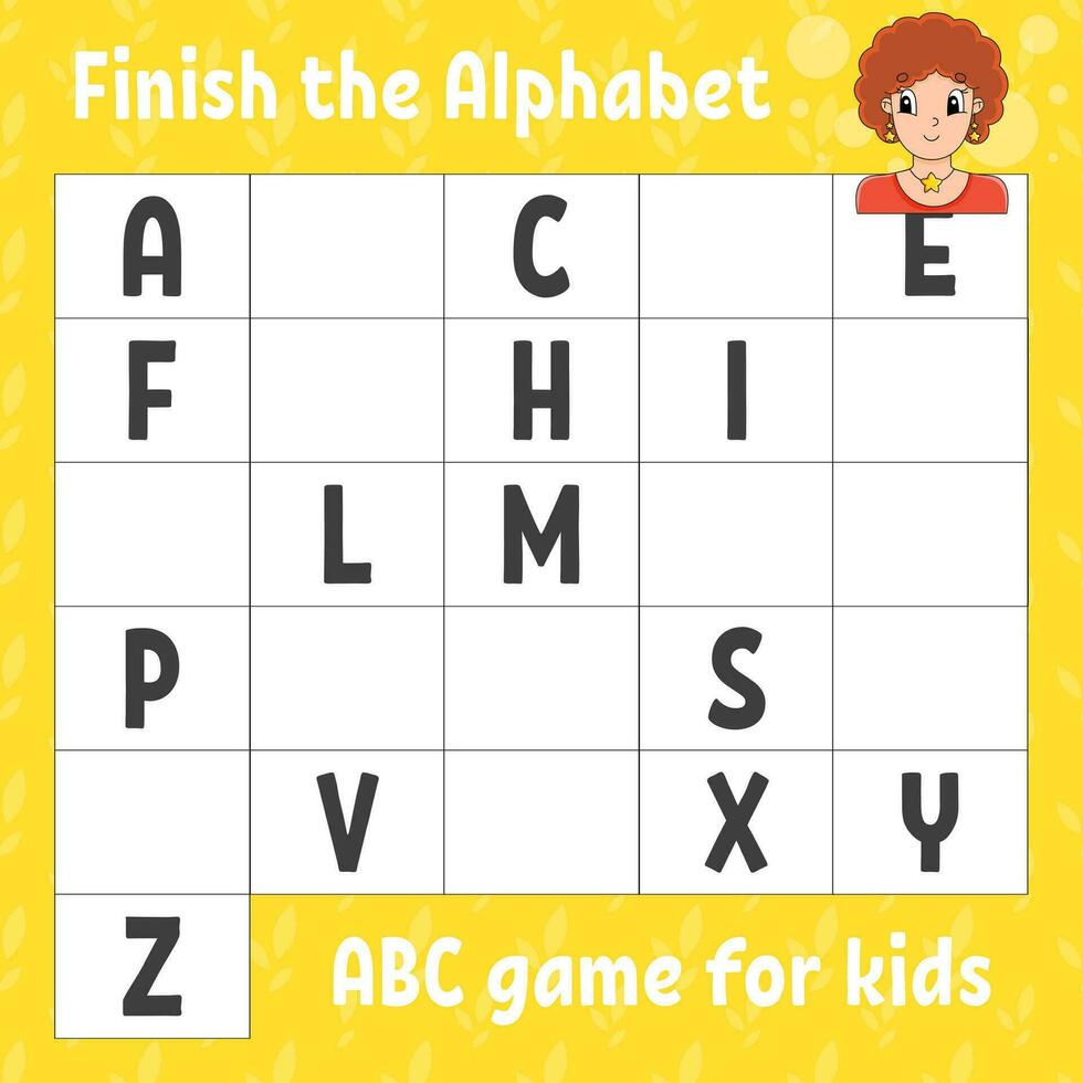 Finish the alphabet. ABC game for kids. Education developing worksheet. Learning game for kids. Color activity page. Vector illustration.