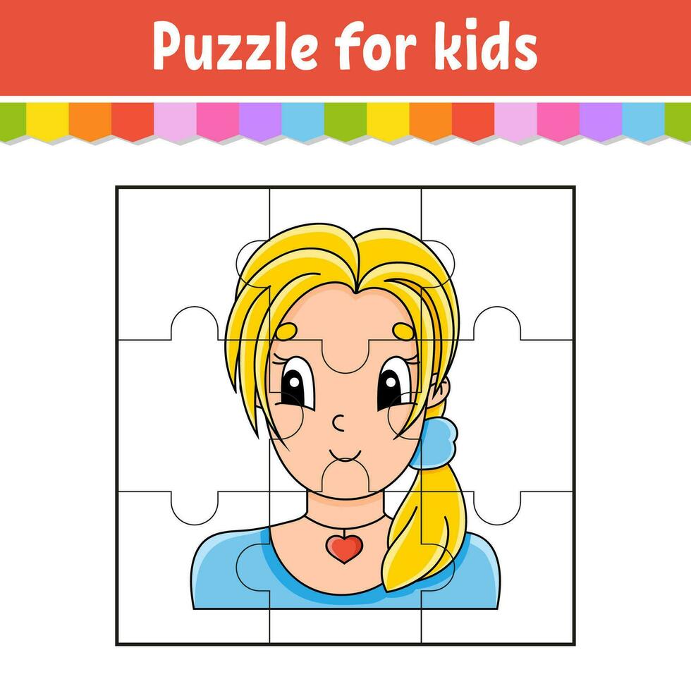 Puzzle game for kids. Jigsaw pieces. Color worksheet. Activity page. cartoon style. Vector illustration.