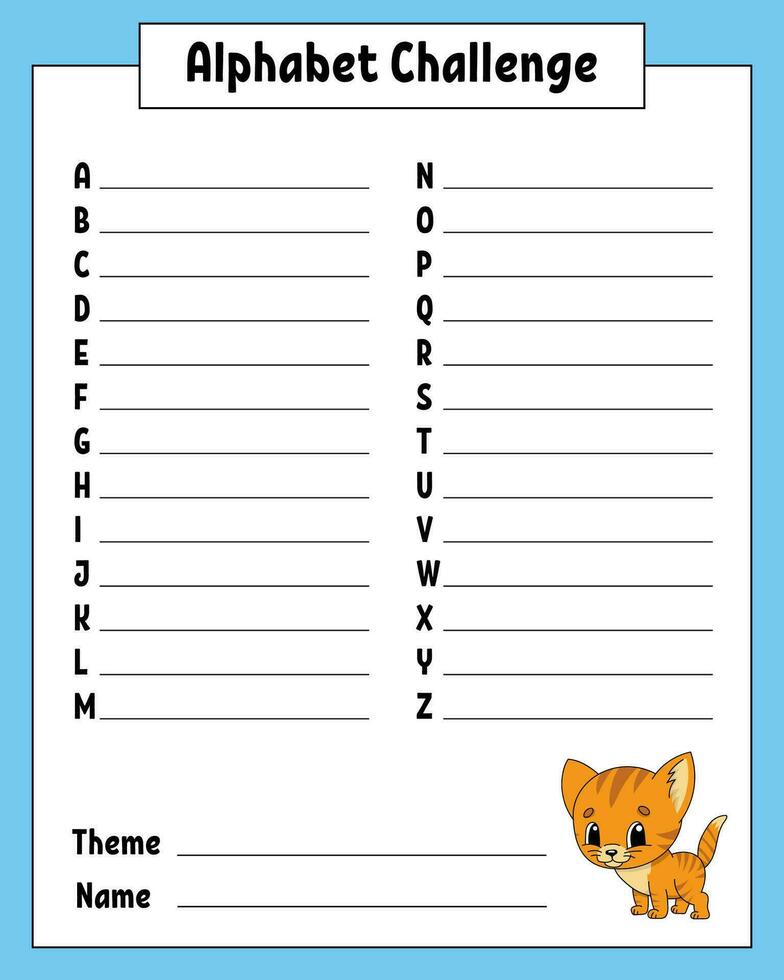 Alphabet challenge. Educational activity worksheet for kids and toddlers. Game for children. Vector illustration.