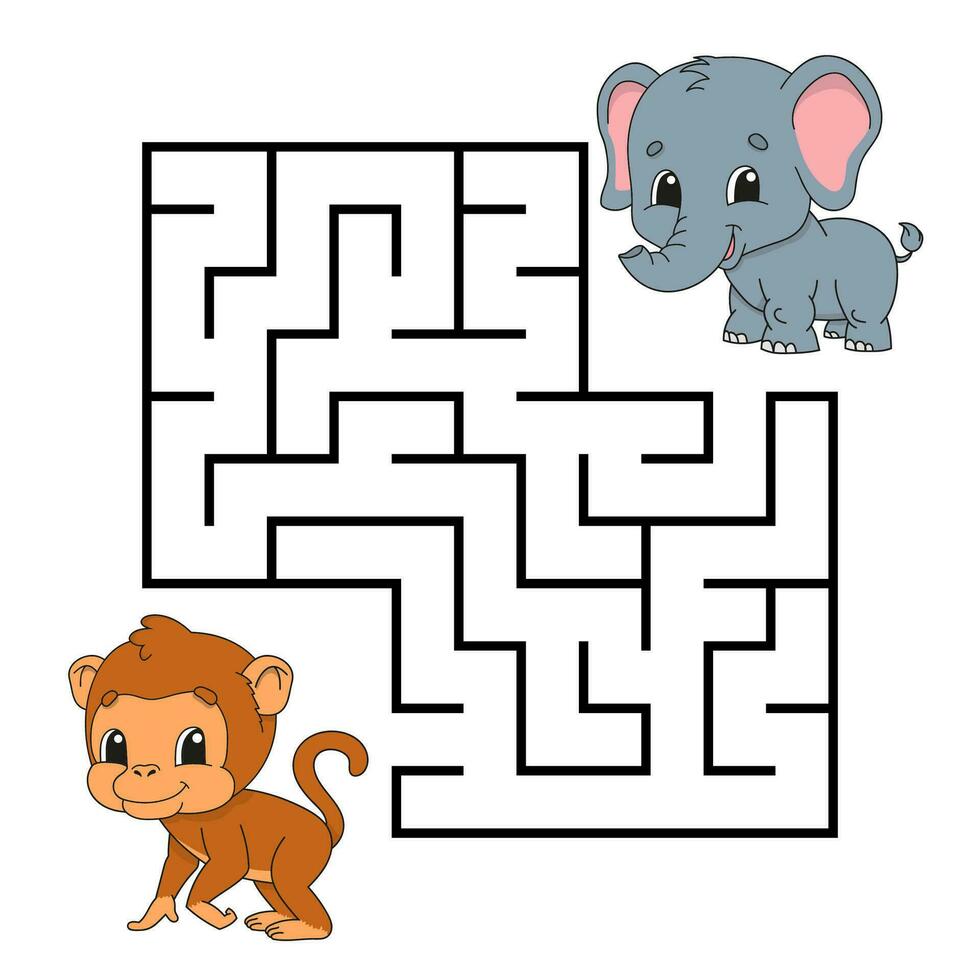 Square maze. Game for kids. Puzzle for children. Labyrinth conundrum. cartoon character. Isolated on white background. Vector illustration.