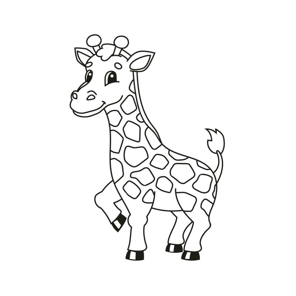 Coloring book for kids. Giraffe animal. Coon character. Vector illustration. Black contour silhouette. Isolated on white background.