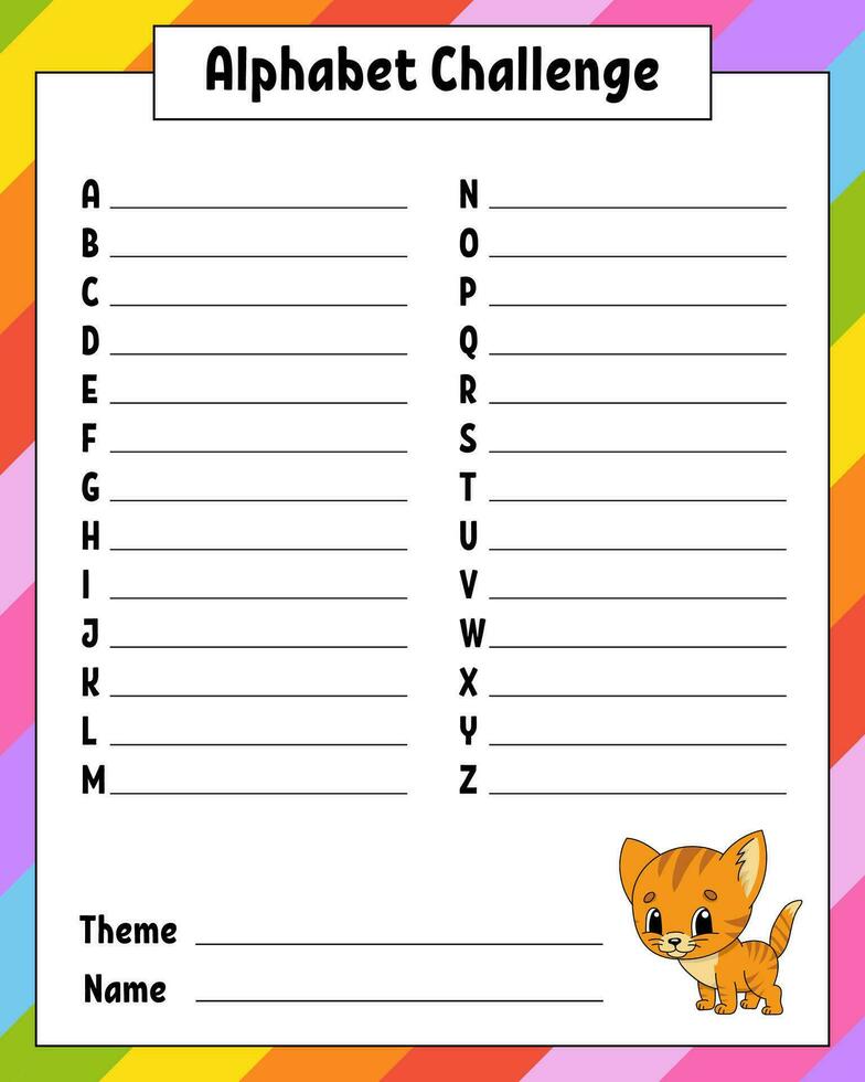 Alphabet challenge. Educational activity worksheet for kids and toddlers. Game for children. Vector illustration.