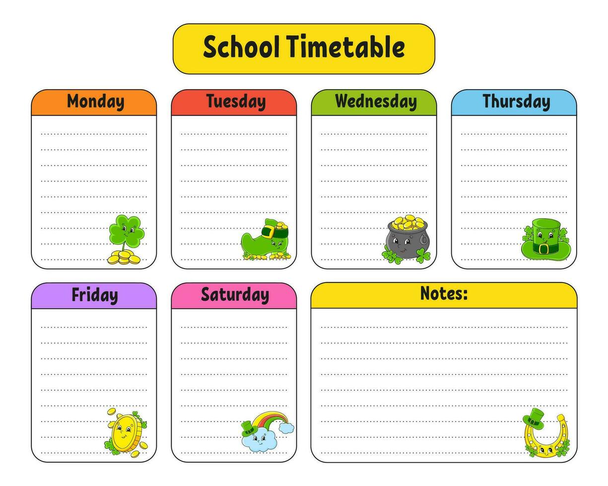 School schedule. Timetable for schoolboys. Empty template. Weekly planer with notes. cartoon character. Vector illustration.