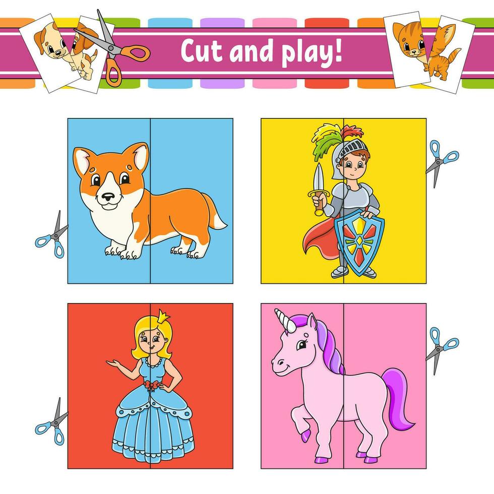 Cut and play. Flash cards. Color puzzle. Education developing worksheet. Activity page. Game for children. cartoon style. Funny character. Vector illustration.