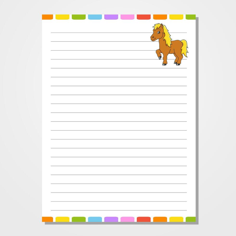 Sheet template for notebook, notepad, diary. Lined paper. Cute character. With a color image. cartoon style. Vector illustration.