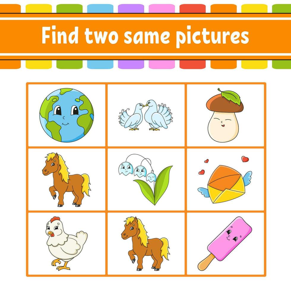 Find two same pictures. Task for kids. Education developing worksheet. Activity page. Color game for children. Funny character. Cartoon style. Vector illustration.
