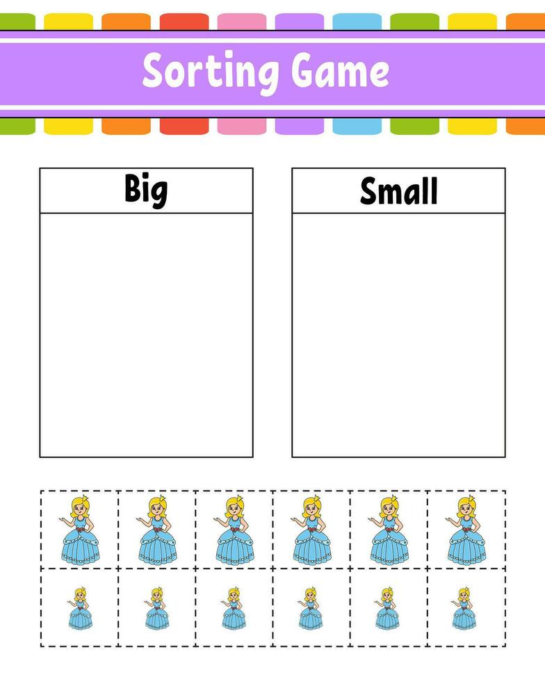 Sorting game for children. Happy characters. Big and small. Education worksheet. Vector illustration.