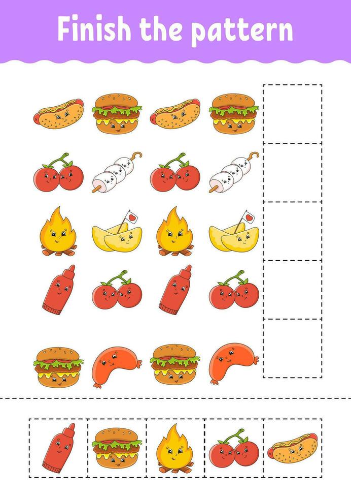 Finish the pattern. Cut and play. Education developing worksheet. Activity page. cartoon character. Vector illustration.