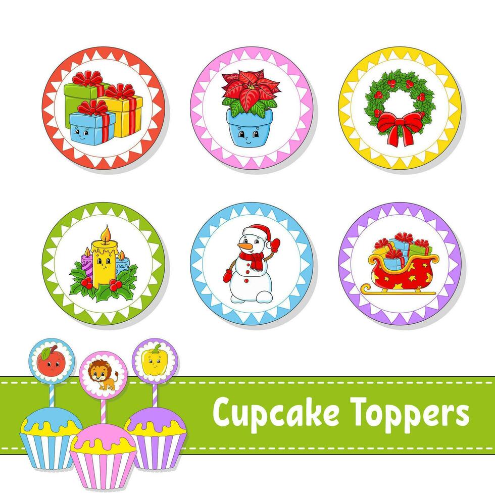 Cupcake Toppers. Set of six round pictures. cartoon characters. Cute image. For birthday, baby shower. Isolated on white background. Vector illustration.