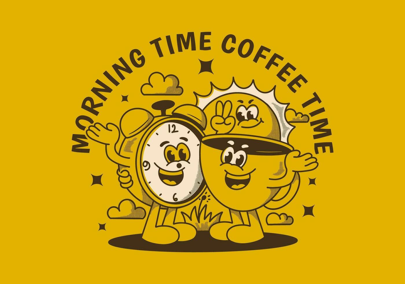 Mañana tiempo, café tiempo. mascota personaje de café taza, alarma reloj y un Dom vector