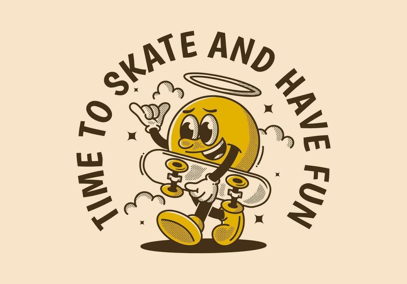 Time to skate and have fun. Walking ball head character holding a skate board vector