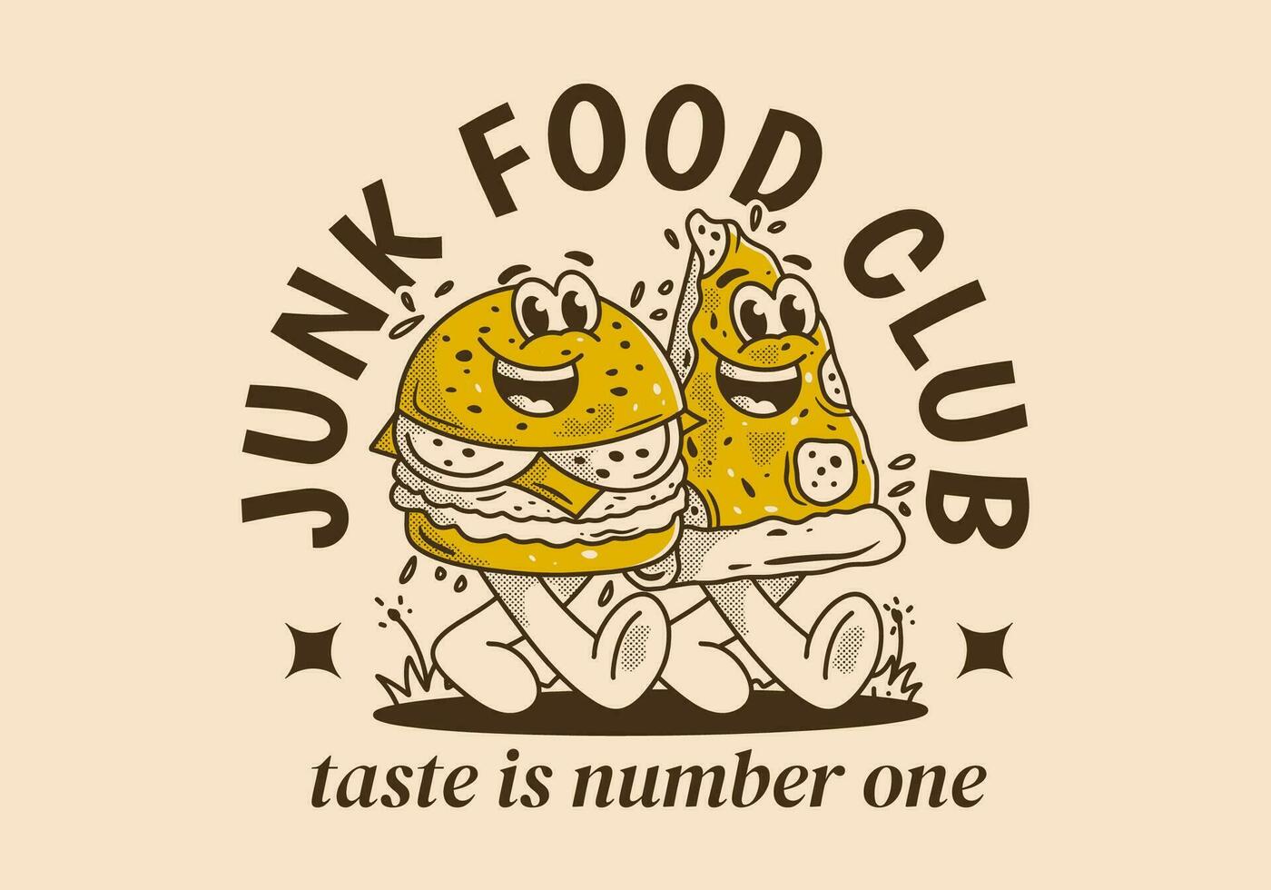 Junk Food club, taste is number one. Character illustration of walking burger and pizza vector