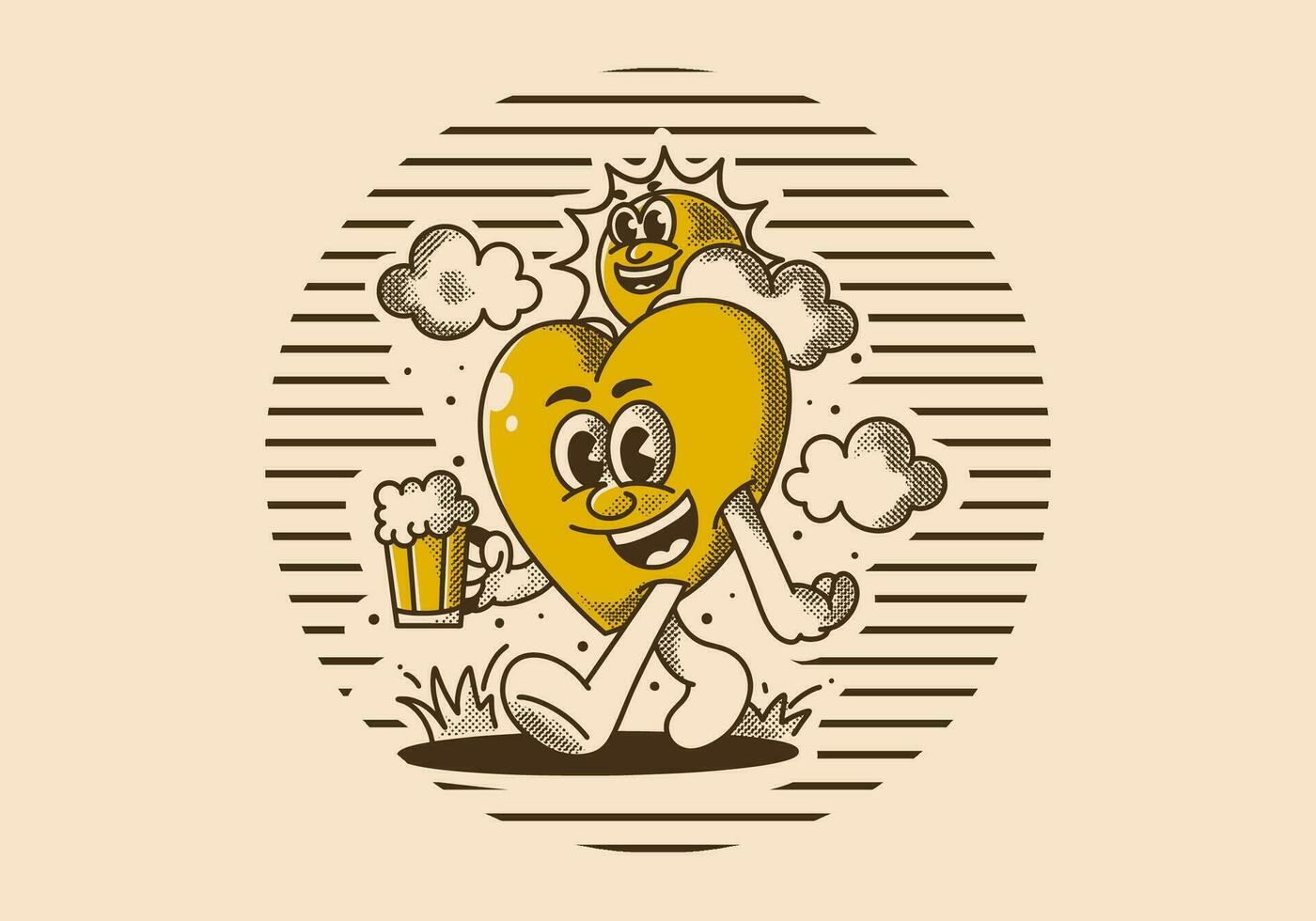 Your happiness depends on your actions. Character of sun and heart holding a beer vector