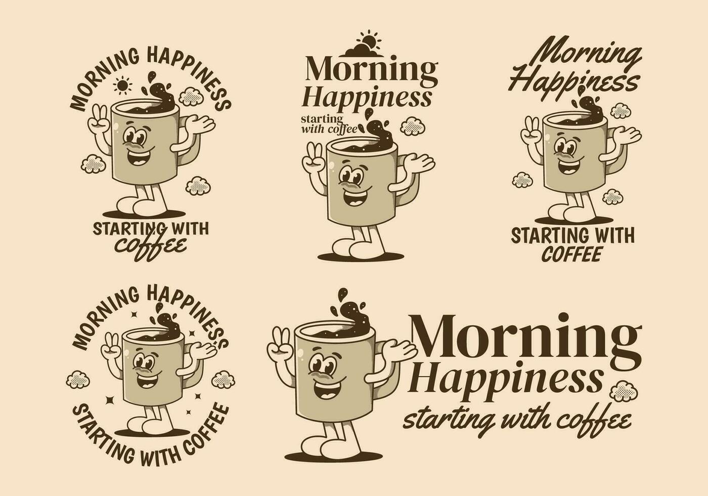 Morning happiness starting with coffee. Vintage mascot character of coffee mug with happy face vector