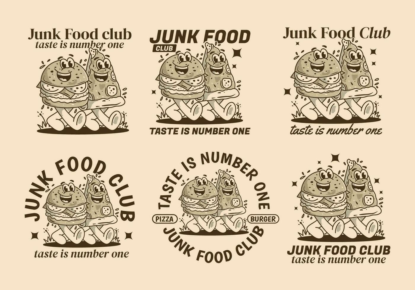 Junk Food club, taste is number one. Character illustration of walking burger and pizza vector