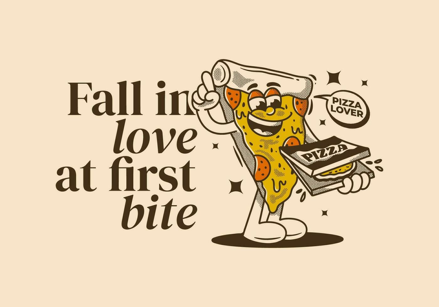 Fall in love at first bite. Character of pizza holding a box pizza vector