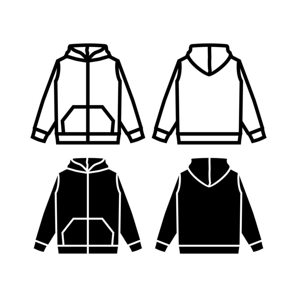 Zip up hoodie sweatshirt flat technical drawing illustration mock-up template for design and tech packs men or unisex fashion CAD streetwear vector