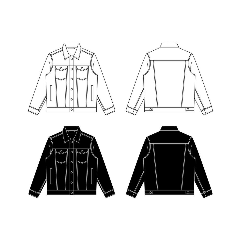 Vector denim jacket, flat sketch western jacket, White Background