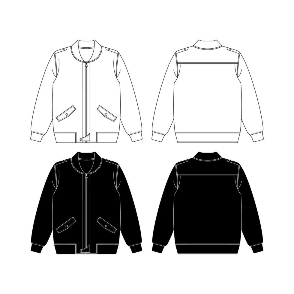 Bomber Jacket Set, Hand drawn jacket outline illustration, casual clothing. Vector technical sketch. Mockup template.