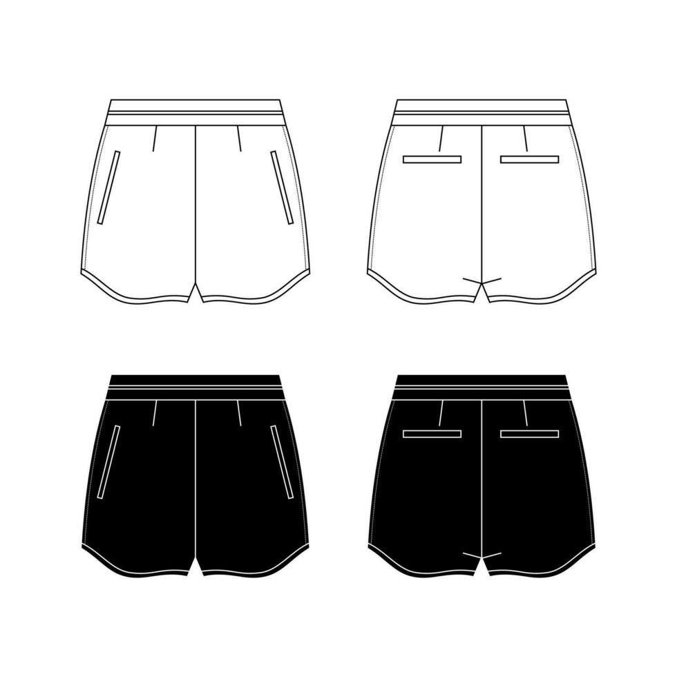 Unisex sweat Shorts technical fashion illustration. Short Pants fashion flat template, elastic waist, front and back, white colour. Sportswear unisex CAD mock-up. vector