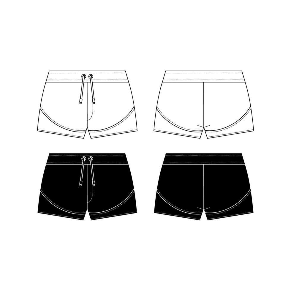 Unisex sweat Shorts technical fashion illustration. Short Pants fashion flat template, elastic waist, front and back, white colour. Sportswear unisex CAD mock-up. vector