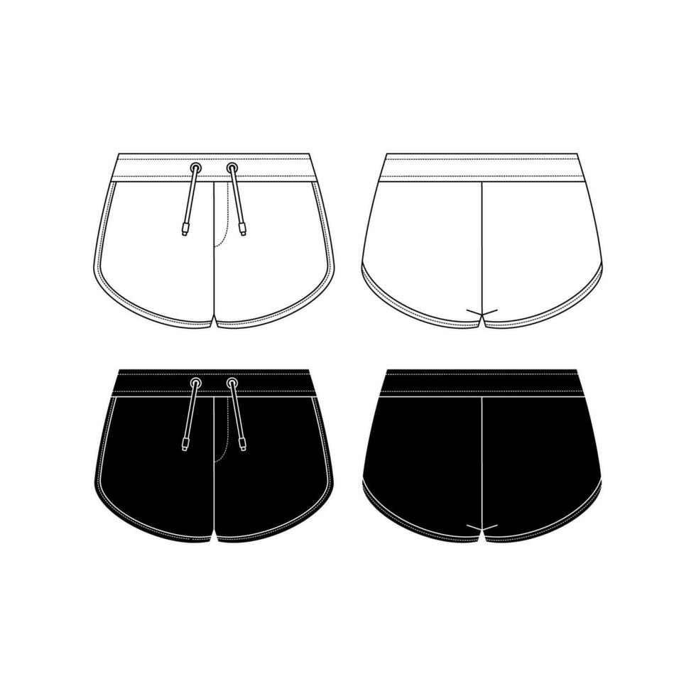 Unisex sweat Shorts technical fashion illustration. Short Pants fashion flat template, elastic waist, front and back, white colour. Sportswear unisex CAD mock-up. vector