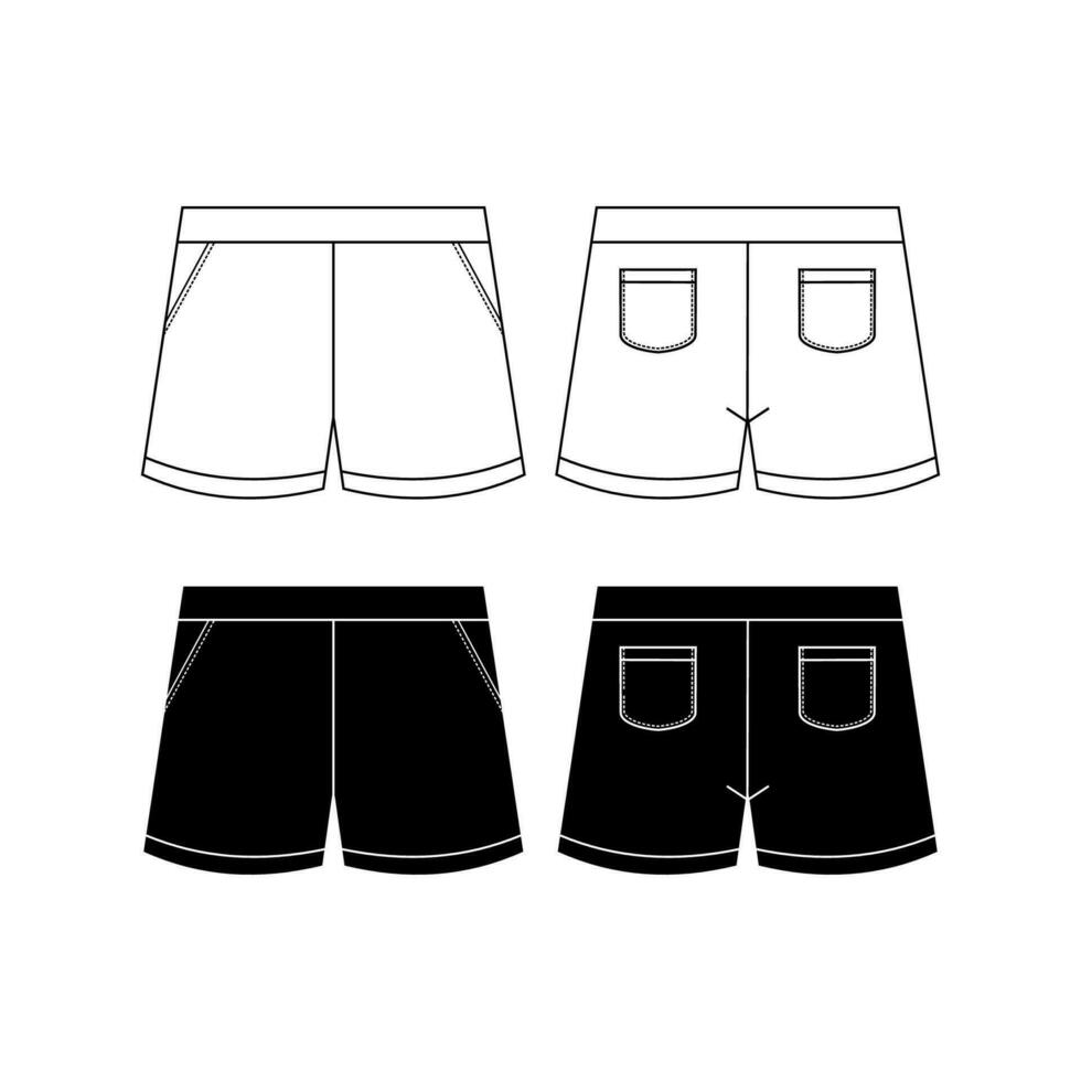 Unisex sweat Shorts technical fashion illustration. Short Pants fashion flat template, elastic waist, front and back, white colour. Sportswear unisex CAD mock-up. vector