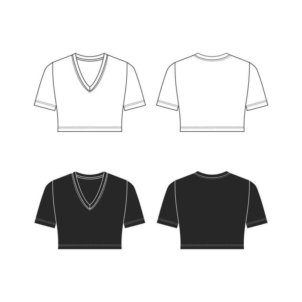 Crew neck crop top women's t-shirt template drawing, basic t-shirt drawing, White Background vector