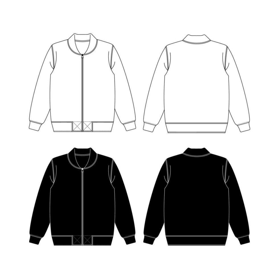 Bomber Jacket Set, Hand drawn jacket outline illustration, casual clothing. Vector technical sketch. Mockup template.