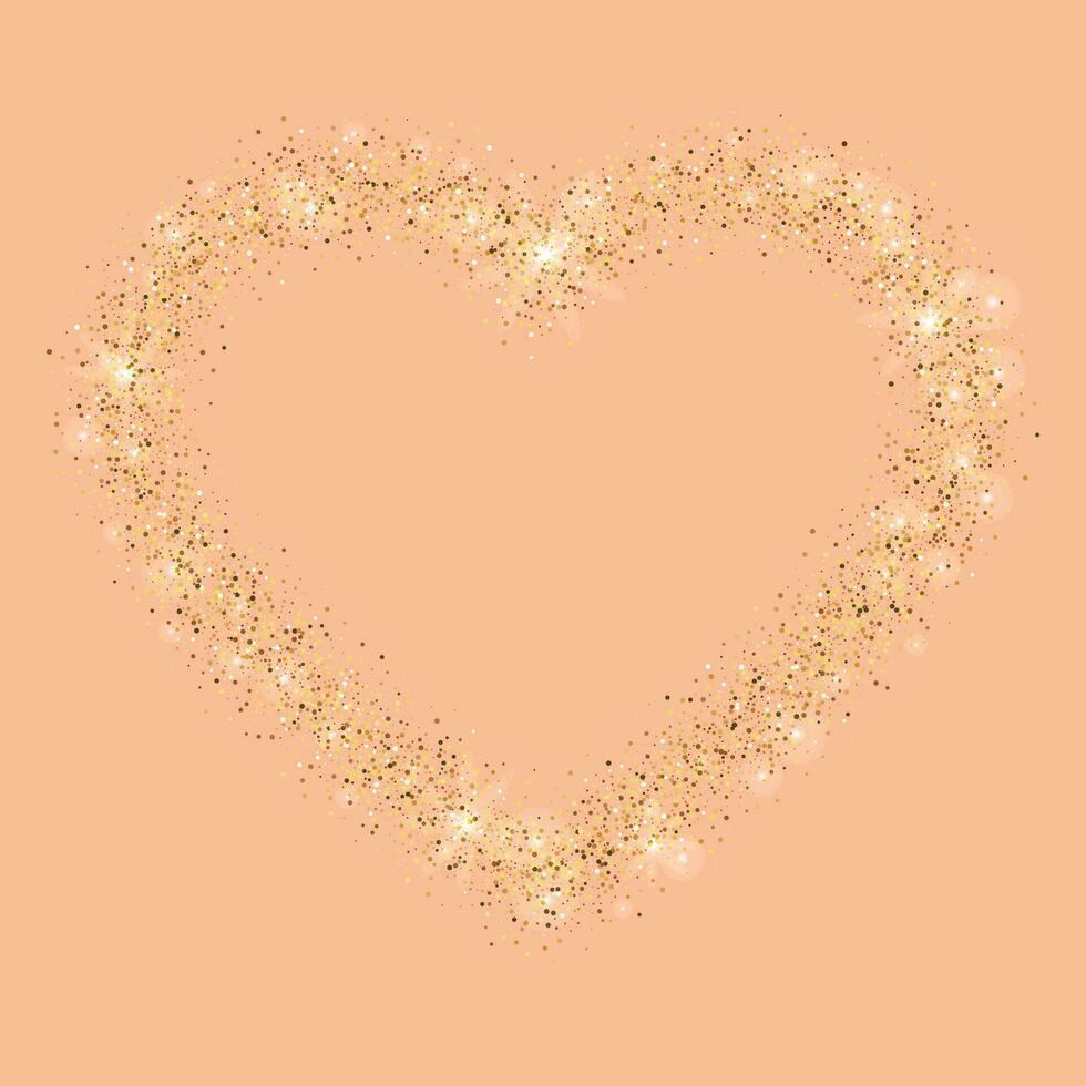 Golden glitter heart frame with space for text. Vector golden dust isolated on Peach Fuzz. Great for valentine and mother's day cards, wedding invitations, party posters and flyers.