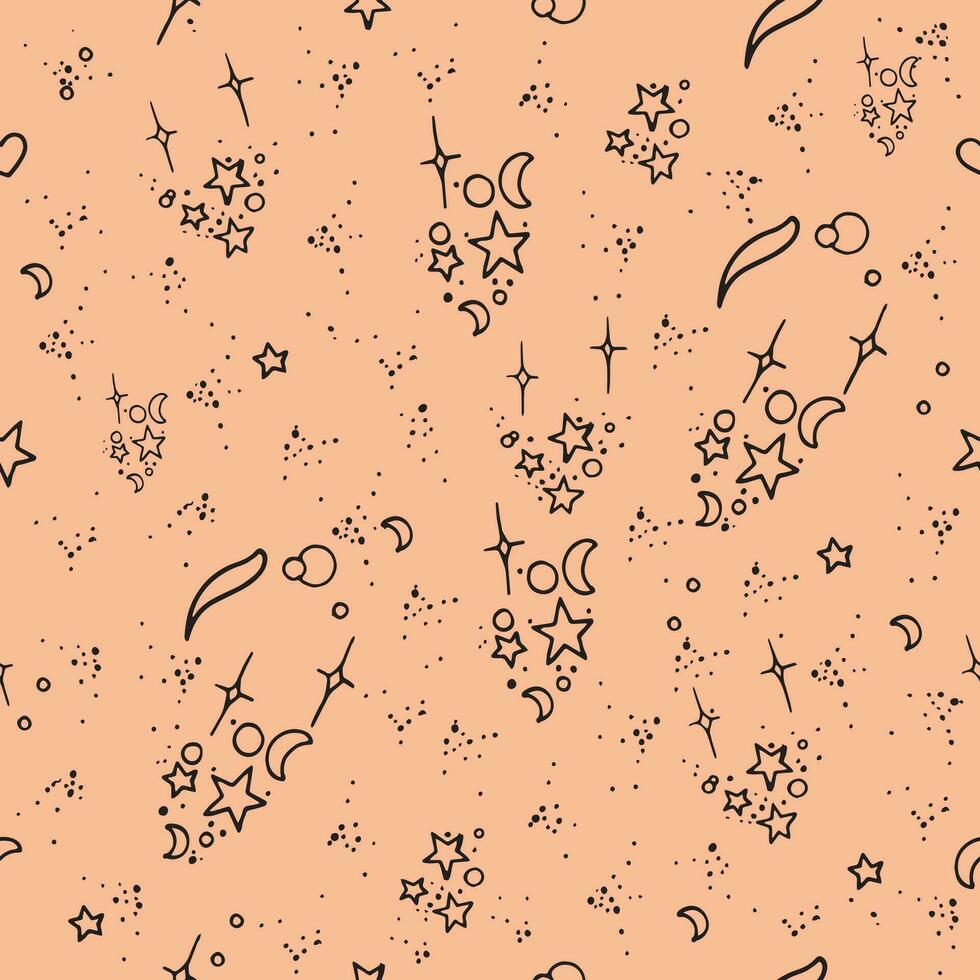 Seamless doodle pattern with stars and moons on Peach Fuzz background. Boho style illustration. Can be useful for textiles , wrapping paper or wallpapers vector