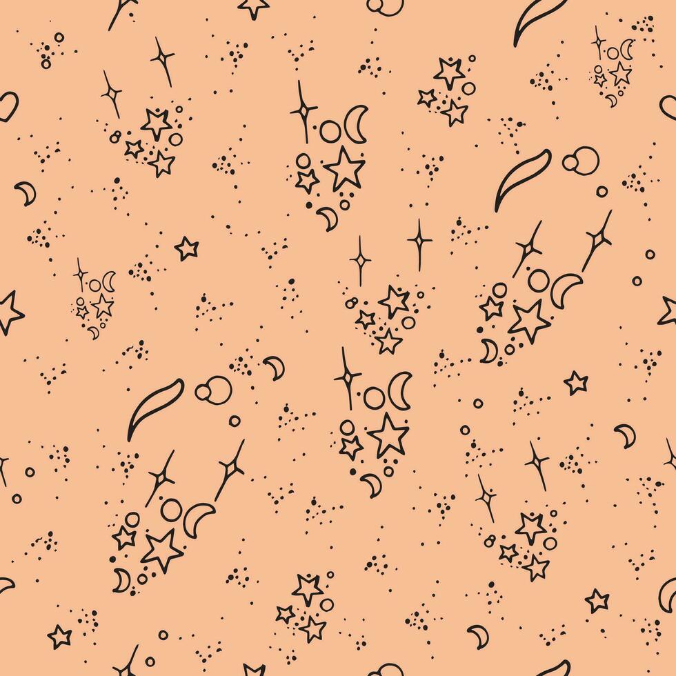 sin costura garabatear modelo con estrellas y lunas en melocotón pelusa antecedentes. boho estilo ilustración. lata ser útil para textiles , envase papel o fondos de pantalla vector