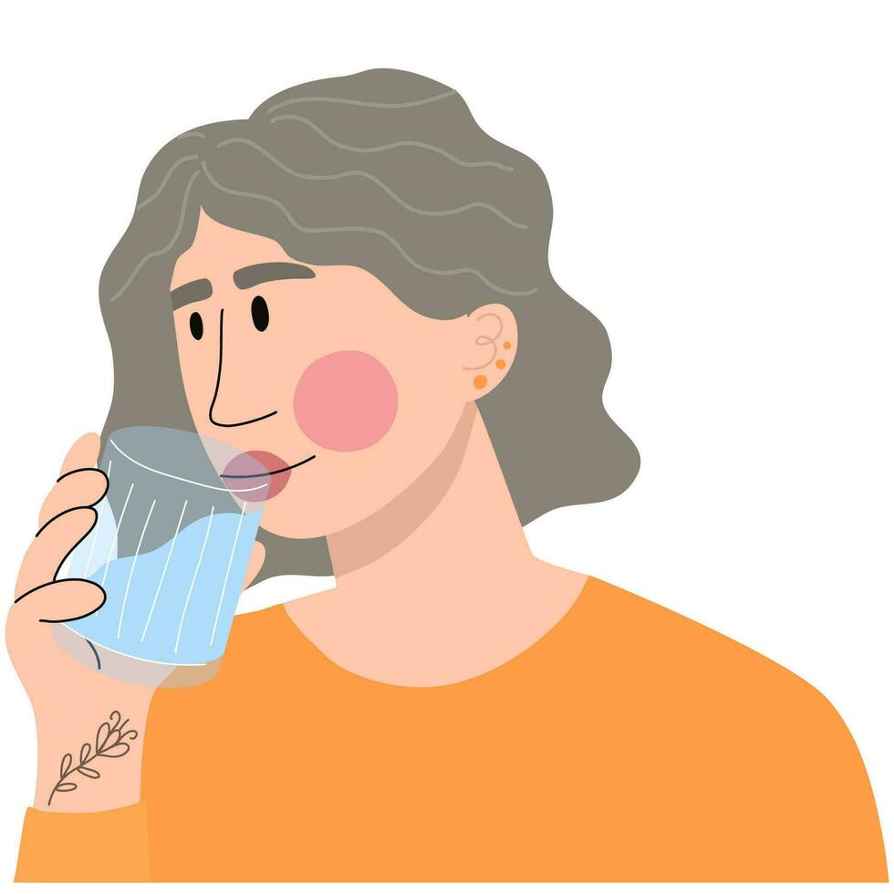 Woman drinking water from a glass,holding it in her hands.The concept of drinking a large amount of water with health benefits.Healthy lifestyle. vector