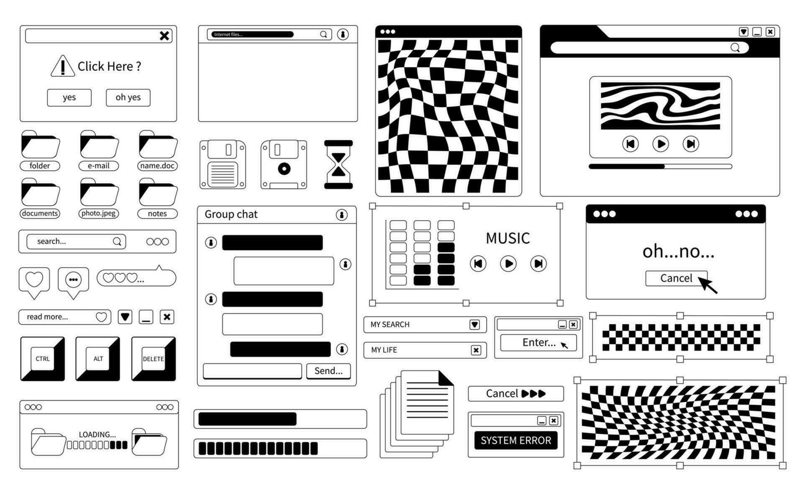 conjunto de computadora retro interfaz en 2000 estilo. personalizado ordenador personal diseño elementos. moderno vector ilustración en negro y blanco diseño en un aislado antecedentes.