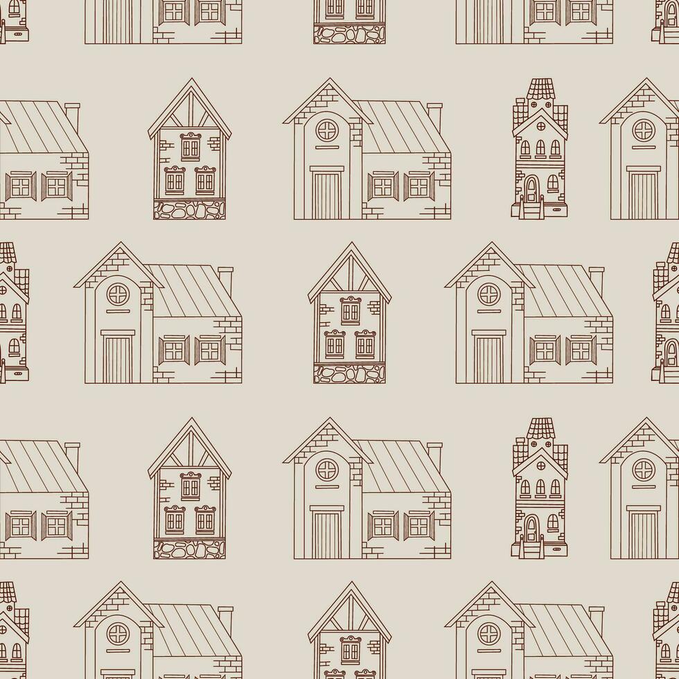 Seamless pattern with doodle town houses on light background. Vector illustration. Hand outline drawing.