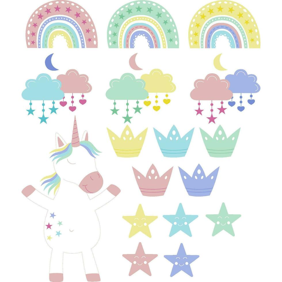 Boho unicorn with rainbow, clouds, stars, crown vector