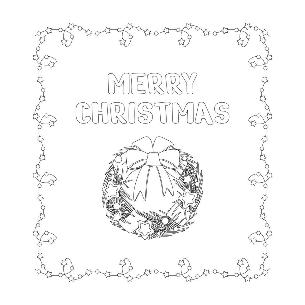 Christmas lettering, text and wreath, frame, garland with light bulbs. vector