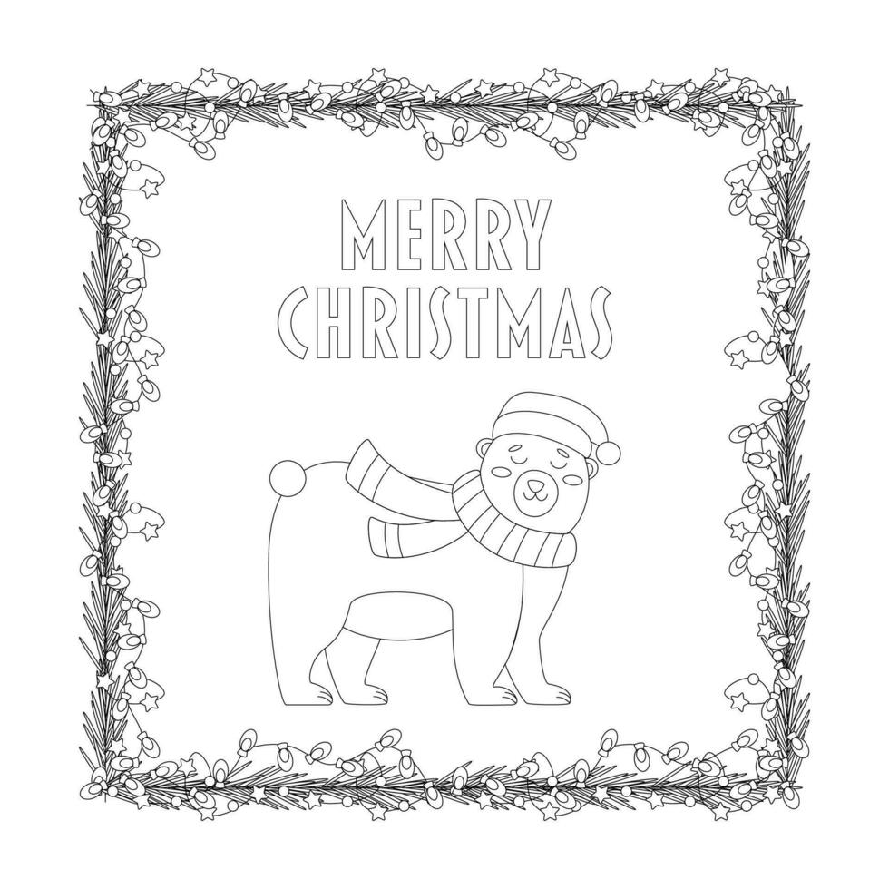 Christmas lettering, text and bear, frame, garland with light bulbs, tree branch. vector