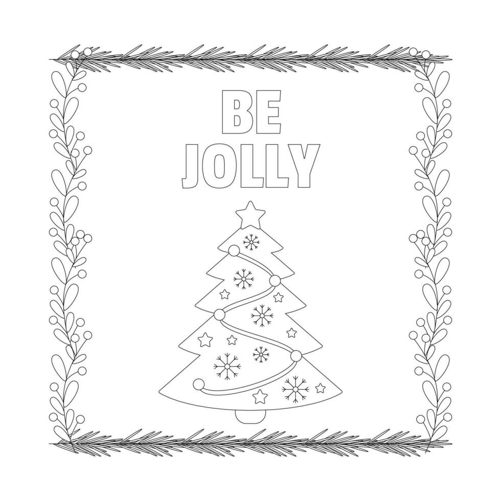 Christmas lettering, text and tree, frame with tree branch and yellow berries, leaves. vector