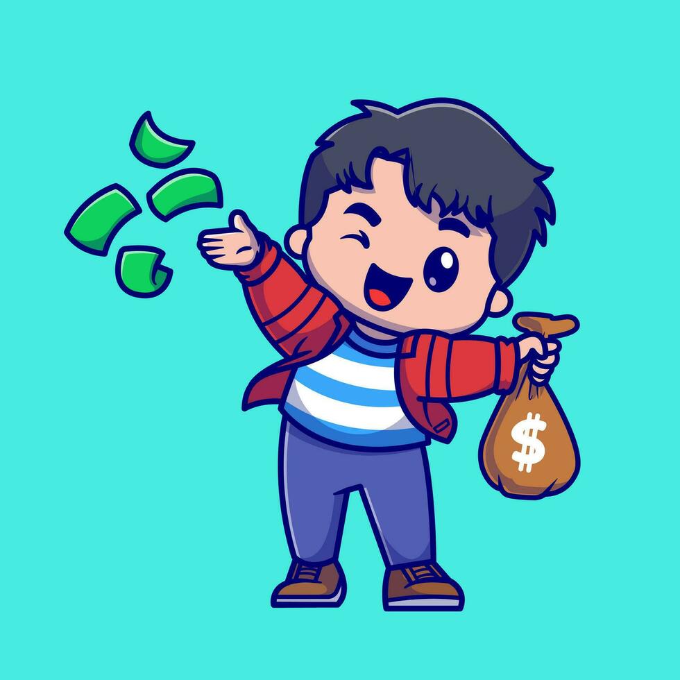 linda Rico chico lanza dinero dibujos animados vector icono ilustración. personas negocio icono concepto aislado prima vector. plano dibujos animados estilo