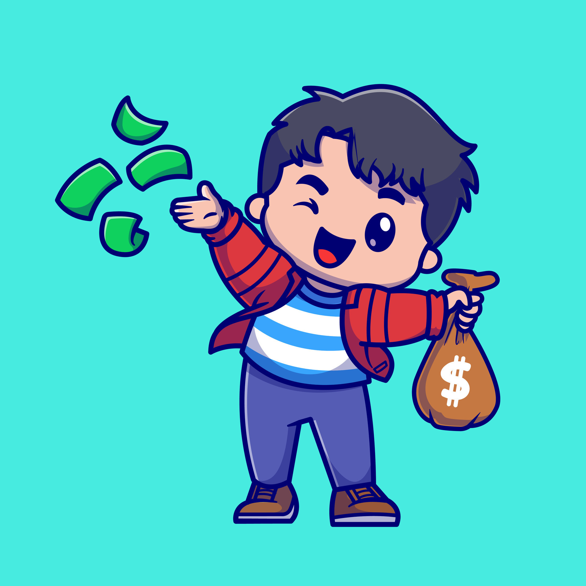 Cute Rich Boy Throws Money Cartoon Vector Icon Illustration. People