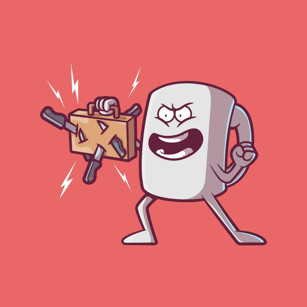 Angry Cooffe Mug character holding a briefcase vector illustration. Motivation, Monday design concept.