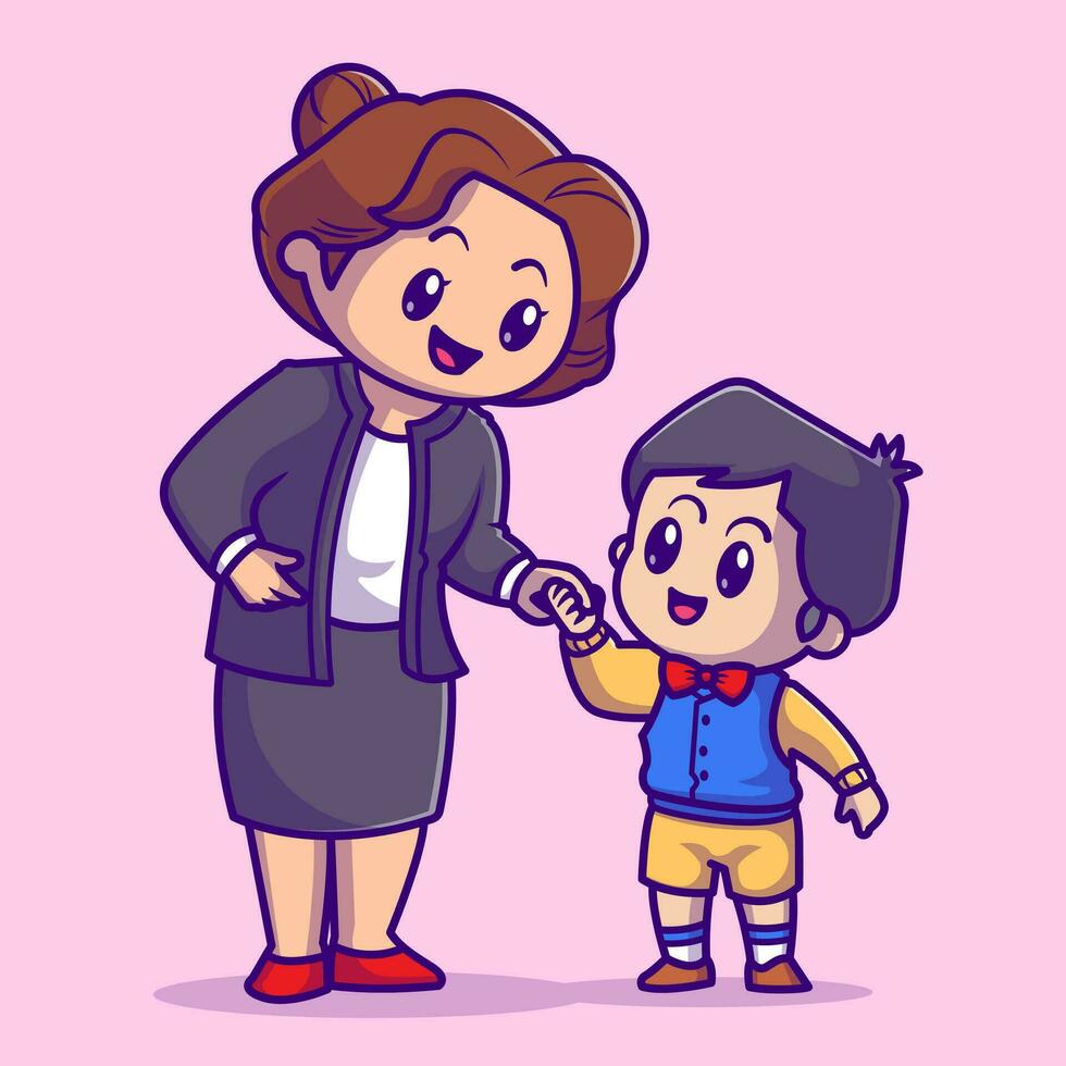 Linda madre con hijo ilustración de icono de vector de dibujos animados. concepto de icono de familia de personas vector premium aislado. estilo de dibujos animados plana