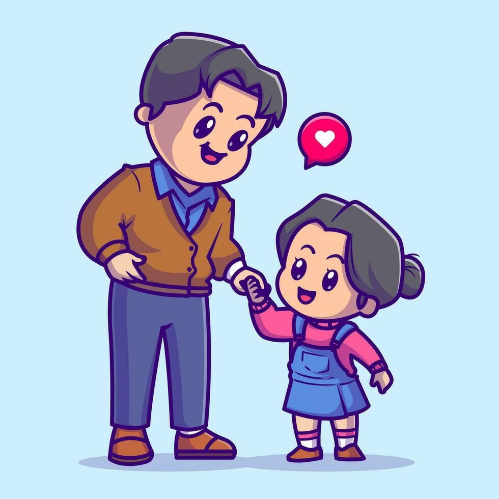 Cute Father With Little Daughter Cartoon Vector Icon Illustration. People family Icon Concept Isolated Premium Vector. Flat Cartoon Style