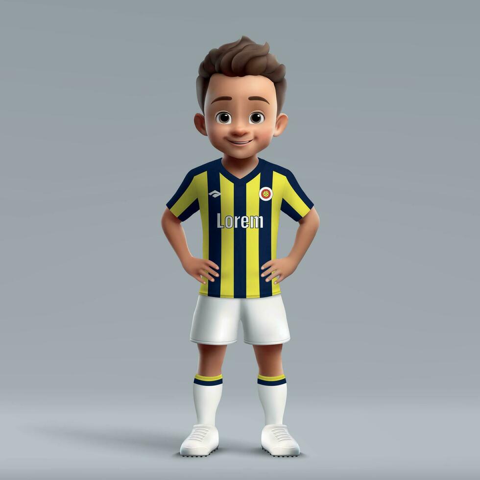 3d cartoon cute young soccer player in football uniform. vector