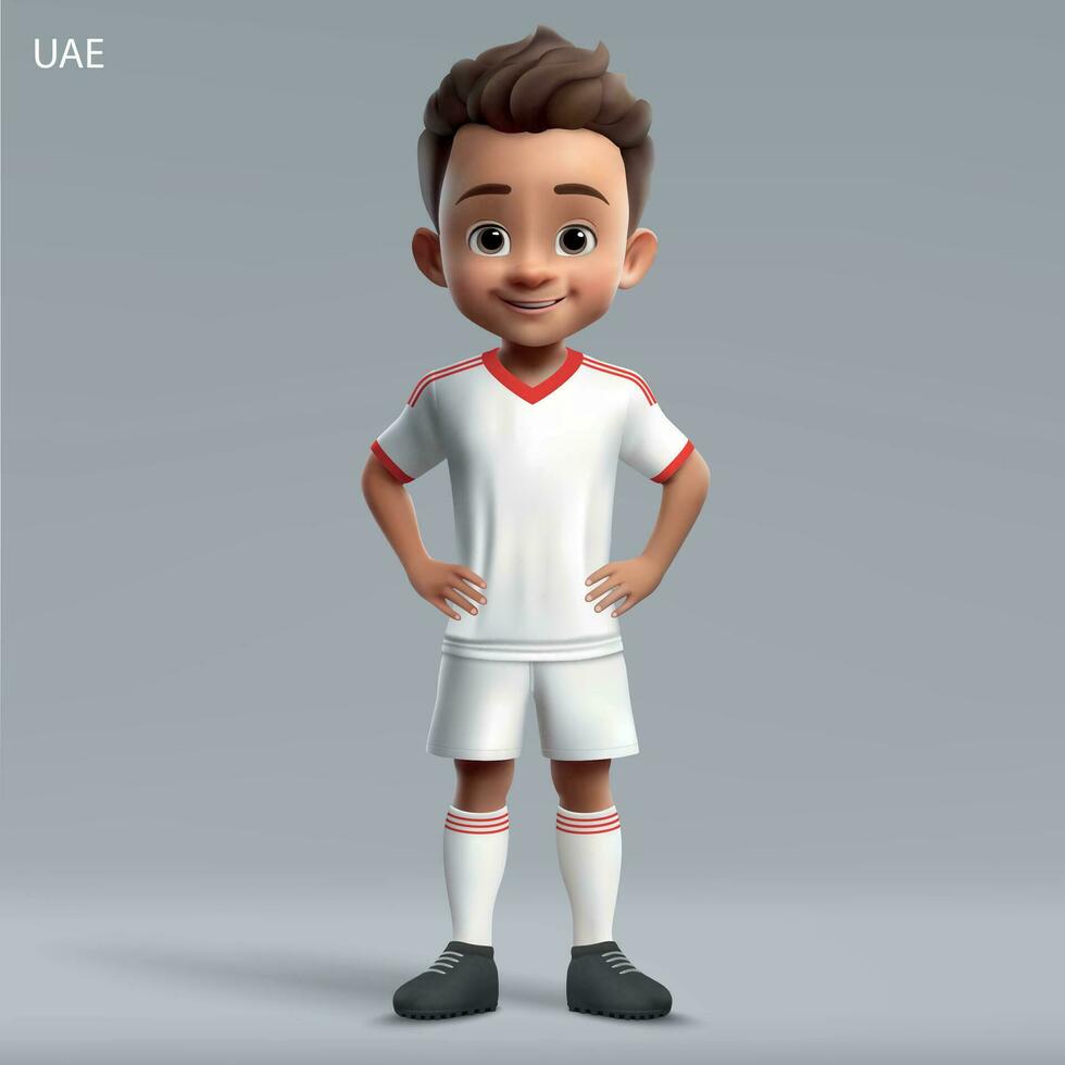 3d cartoon cute young soccer player in United Arab Emirates national team kit vector