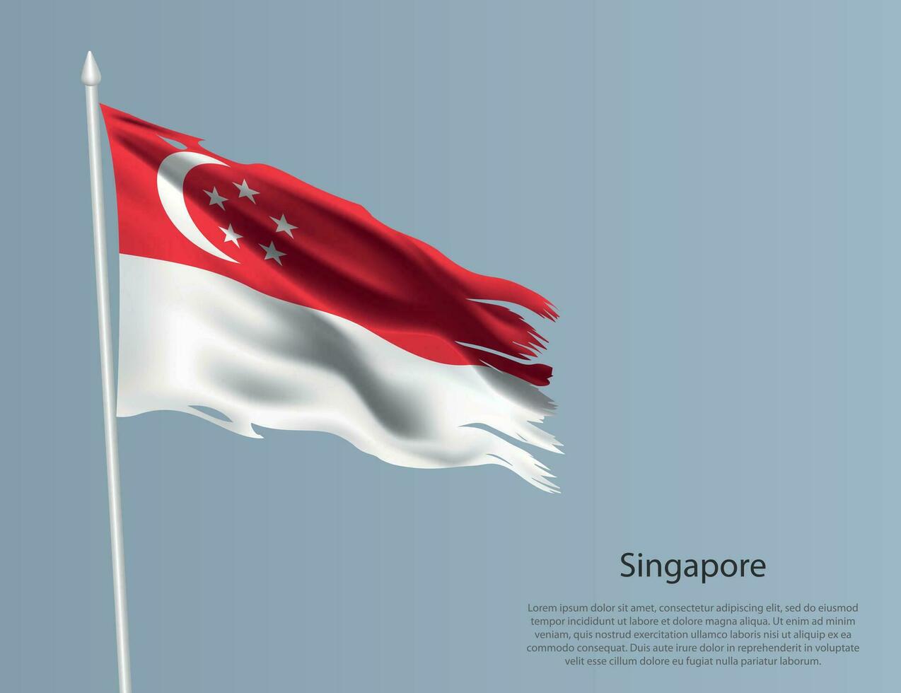 Ragged national flag of Singapore. Wavy torn fabric on blue background vector